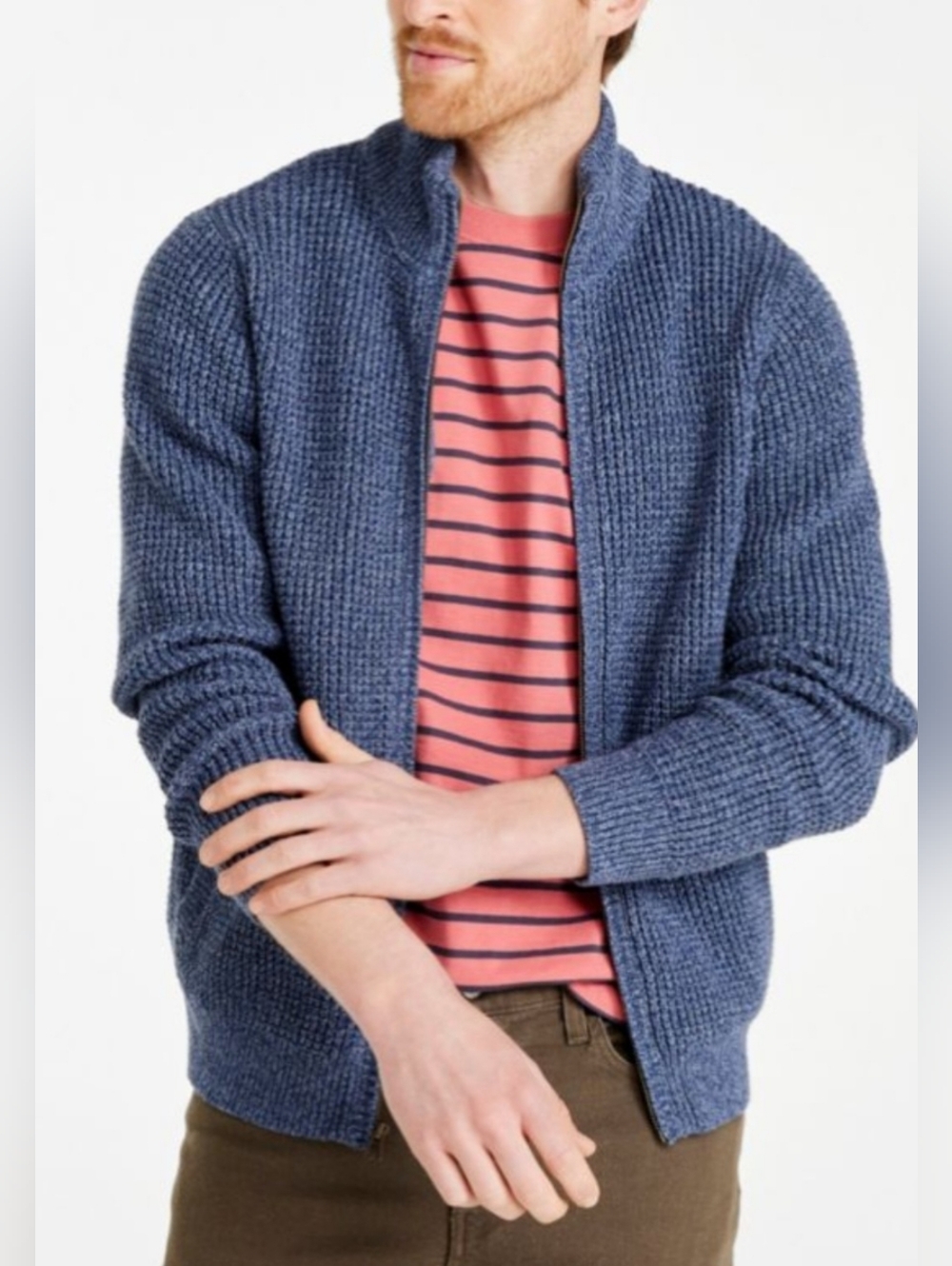 L.L.Bean- Men's Organic Cotton Waffle Blue Sweater, Full Zip